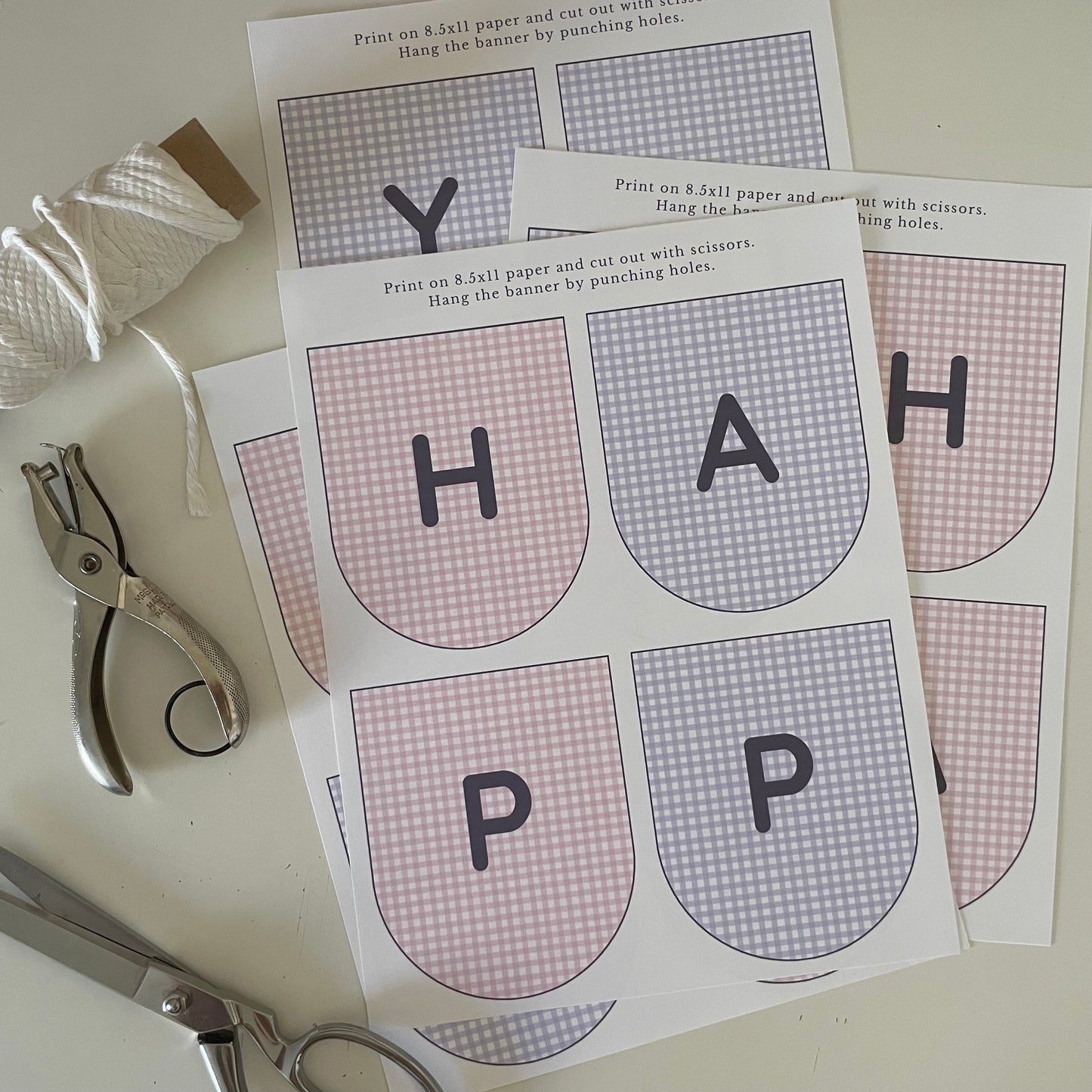 Printable Pink and Purple Gingham Happy Birthday Party Paper Banner - PDF Download