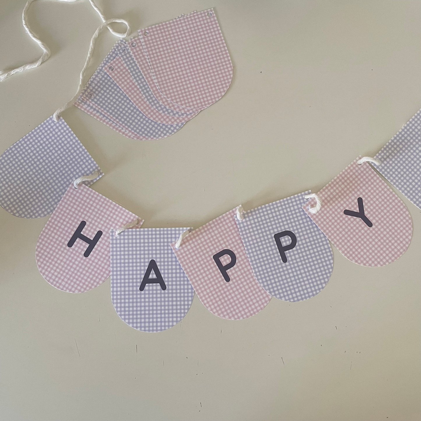 Printable Pink and Purple Gingham Happy Birthday Party Paper Banner - PDF Download